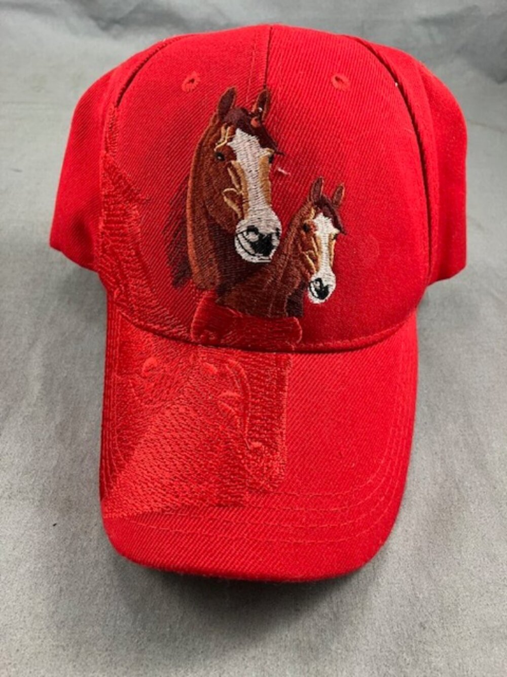 Red Baseball Cap with Horses Embroidery